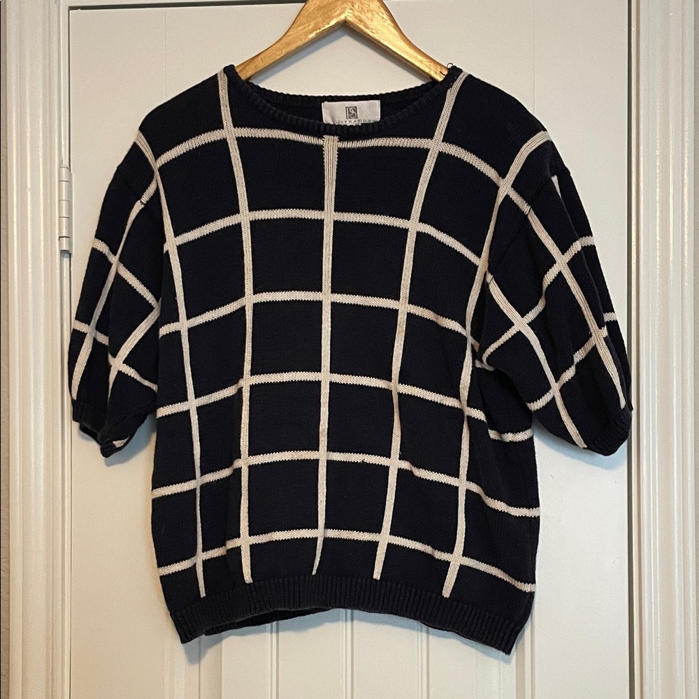 Navy and White  Grid Knit Short Sleeve Sweater